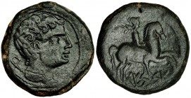 KESE-TARRACO, Tarragona. Unidad. A/ Marca: letra ibérica Be. R/ Jinete con palma a der.; KeSSE. AE 14,0 g. I-2350. VIL-170/89. Pátina verde oscuro. MB...