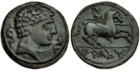 TERKAKOM, Tierga (Zaragoza). Unidad. A/ Cabeza masculina a der.; marcas: dos delfines. R/ Jinete con lanza a der.; TeRKaKoM. AE 8.8 g. I-2387. VIL-229...