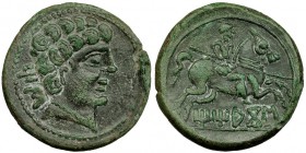 TITIAKOS, Tricio (La Rioja). Unidad. A/ Cabeza masculina a der.; letras ibéricas TiS. R/ Jinete con lanza a der.; TiTiAKoS. AE 11, 0 g. I-2390. VIL-29...