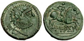 TITIAKOS, Tricio (La Rioja). Unidad. A/ Marcas: letra ibérica Ti. R/ Jinete con lanza a der.; TiTiAKoS. AE 9,4 g. I-2395. VIL-295/10. Bonita pátina ve...