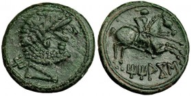 TITIAKOS, Tricio (La Rioja). Unidad. A/ Marca: letra ibérica Ti. R/ Jinete con lanza a der.; ley. ibérica curva: TiTiAKoS. AE 9,4 g. I-2394. VIL-295/1...