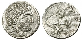 TURIASU, Tarazona (Zaragoza). Denario. A/ Marcas: letras ibéricas KA, S y Tu. R/ Jinete con lanza a der.; TuRIASU. AR 3,5 g. I-2417. VIL-266/32. Poros...