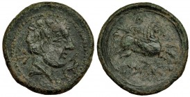 UARCAS, zona de La Rioja. Unidad. A/ Cabeza masculina a der.; marcas: letra U y delfín. R/ Jinete con lanza a der.; UA(R)KaS. AE 11,8 g. I-2477. VIL-2...