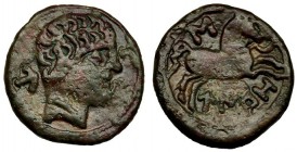 UIROUIAS, Borobia (Soria). Mitad. A/ Cabeza masculina a der.; marca: letra ibérica U. R/ Caballo saltando a der., encima letra ibérica S; ley. ibérica...