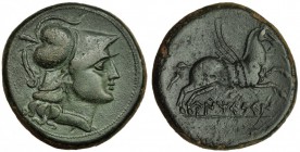 UNTIKESKEN, La Escala (Gerona). As. A/ Cabeza de Palas con casco de dos lóbulos a der. R/ Pegaso-crisaor a der.; UNTiKeSKeN. AE 26,0 g. I-1200. VIL-14...