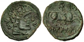 USAMUS, Osma (Soria). Unidad. A/ Cabeza masculina a der.; marcas: letras ibéricas US y delfín. R/ Jinete con lanza a der.; ley. ibérica bajo línea: US...