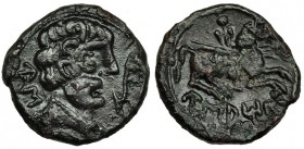 USAMUS, Osma (Soria). Unidad. A/ Cabeza masculina a der.; marcas: letras ibéricas US y arado. R/ Jinete con lanza a der.; ley. curva: USAMUS. AE 8,9 g...