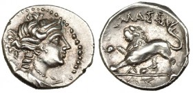 GALIA. Massalia. Dracma (S. II a.C.). A/ Busto de Artemisa a der. R/ León avanzando a izq., encima MASSA y en exergo LLK. AR 2,6 g. COP-778. EBC-.