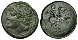 SICILIA. Siracusa. Hierón II. AE-27 (274-216 a.C.). R/ Jinete con lanza a der., en el campo SI; (I)ERWNOS. AE 16,4 g. SBG-1221. COP-840. Pátina verde....