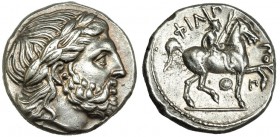 MACEDONIA. Filipo II. Anfípolis. Tetradracma (336-329 a.C.). R/ Jinete a der. con palma, marcas: G y escudo; FILIPPOU. AR 14,4 g. R-46/7. EBC/EBC-.
