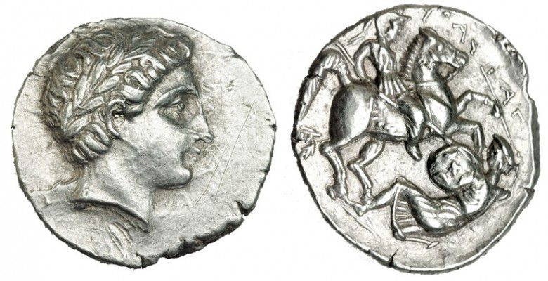 PAEONIA. Patraos. Tetradracma (340-315 a.C.). A/ Cabeza de Apolo laureada a der....