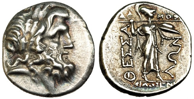 LIGA TESÁLICA. Doble victoriato (190-146 a.C.). R/ Atenea Itonia a der., encima ...