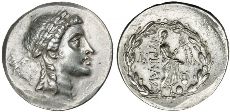 EOLIA. Mirina. Tetradracma (S. II a .C.). A/ Cabeza laureada de Apolo a der. R/ ...