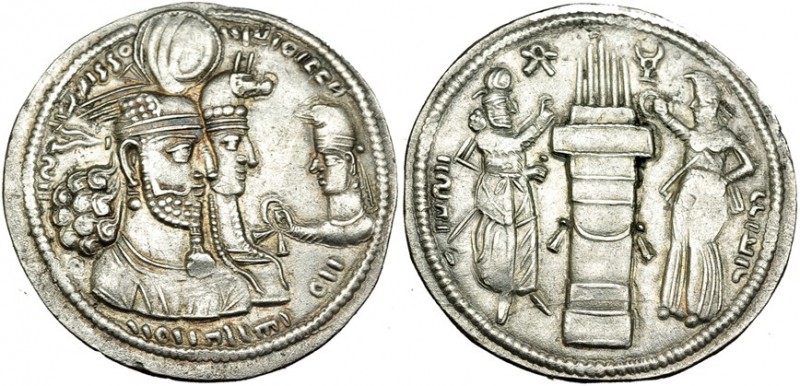 ACUÑACIONES SASÁNIDAS. Varham II. Dracma (275-283 a.C.). A/ Bustos del Rey, la R...