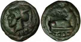 ACUÑACIONES ANÓNIMAS. Triente. Roma (225-217 a.C.) A/ Cabeza de Minerva, debajo marca de valor: cuatro puntos. R/ Proa a der., debajo marca de valor. ...