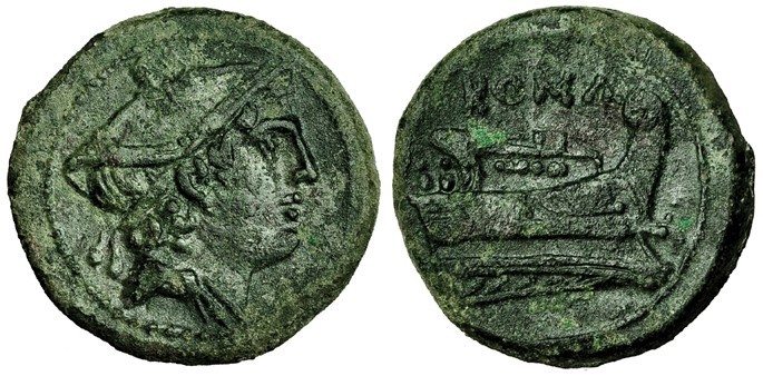 ACUÑACIONES ANÓNIMAS. Semiuncia (posterior al 211 a.C.). A/ Cabeza de Mercurio a...