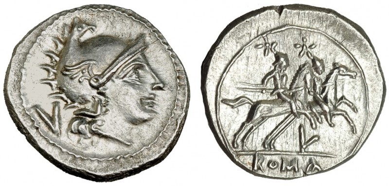 ACUÑACIONES ANÓNIMAS. Quinario (211-208 a.C.). A/ Cabeza con casco de Roma a der...