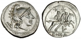 ACUÑACIONES ANÓNIMAS. Quinario (211-208 a.C.). A/ Cabeza con casco de Roma a der.; valor: V. R/ Los Dióscuros a der., debajo L y en exergo ROMA. CRAW-...