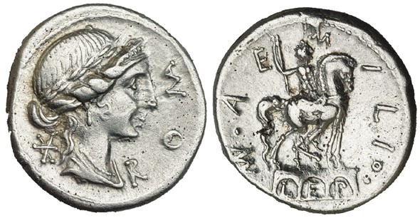 AEMILIA. Denario. Sur de Italia (114-113 a.C.). FFC-103. SB-7. Leves porosidades...