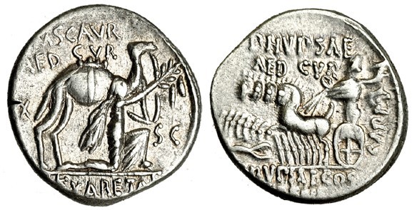 AEMILIA. Denario. Roma (58 a.C.). A/ M. SCAVR. AED. CVR/ES S.C./REC ARETAS. R/ P...