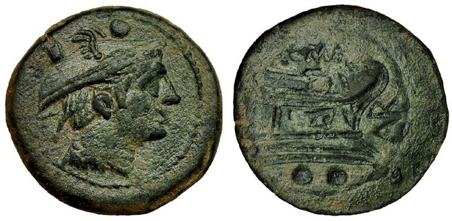 AURELIA. Sextante (209 a.C.). A/ Proa a der., encima ROMA, a la der., AR (AVR) y...