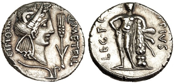 CAECILIA. Denario. África (47-46 a.C.). R/ Hércules de frente con piel de león a...