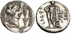 CAECILIA. Denario. África (47-46 a.C.). R/ Hércules de frente con piel de león apoyado en maza; LEG. F. C. (E)PPIVS. FF-217. SB-50. EBC-. Escasa.