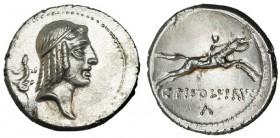 CALPURNIA. Denario. Roma (64 a.C.). A/ Cabeza de Apolo a der., detrás lagartija. R/ Jinete galopando a der.; C. PISO L. F. FRVGI, debajo L. FFC-348. S...