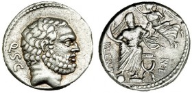 CORNELIA. Denario. Roma (74 a.C.). A/ Cabeza de Hércules a der. R/ Genio del Pueblo Romano sentado de frente con cetro y cornucopia, coronado por la V...