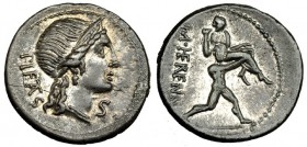 HERENNIA. Denario. Sur de Italia (108-107 a.C.). A/ Letra S. FFC-743. SB-1. Fino grafito en el anv. Pátina gris. EBC/EBC-.