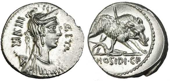HOSIDIA. Denario. Sur de Italia (68 a.C.). A/ Busto de Diana a der., detrás ara ...