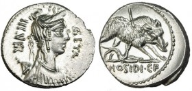 HOSIDIA. Denario. Sur de Italia (68 a.C.). A/ Busto de Diana a der., detrás ara y carcaj; GETA III VIR. R/ Jabalí herido por una flecha y atado por un...