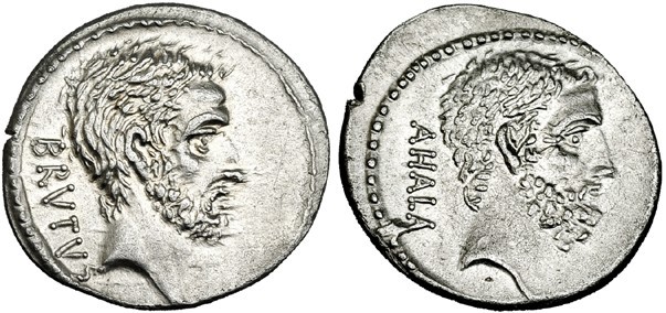 JUNIA. Denario. Roma (54 a.C.). A/ Cabeza de J. Bruto a der.; BRVTVS. R/ Cabeza ...