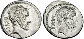JUNIA. Denario. Roma (54 a.C.). A/ Cabeza de J. Bruto a der.; BRVTVS. R/ Cabeza de S. Ahala a der.; AHALA. FFC-792. SB-30. EBC+. Muy escasa.