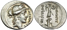 MEMMIA. Denario. Roma (56 a.C.). R/ Trofeo, a sus pies cautivo a der.; IMPERATOR C. MEMMIVS. FFC-915. SB-10. EBC-/EBC. Escasa.