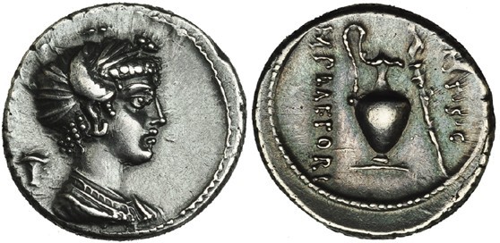 PLAETORIA. Denario. Roma (69 a.C.). A/ Cabeza diademada de mujer a der., detrás ...