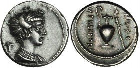 PLAETORIA. Denario. Roma (69 a.C.). A/ Cabeza diademada de mujer a der., detrás símbolo. R/ Preferículo y antorcha; M. PLAETORI CEST. S.C. FFC-982. SB...