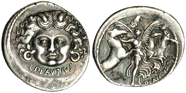 PLAUTIA. Denario. Roma (97 a.C.). A/ Cabeza de Medusa de frente; L. PLAVTIVS. R/...