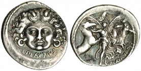 PLAUTIA. Denario. Roma (97 a.C.). A/ Cabeza de Medusa de frente; L. PLAVTIVS. R/ La Aurora de frente con los caballos del Sol; PLANCVS. FFC-1004. SB-1...