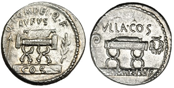 POMPEIA. Denario. Roma (54 a.C.). R/ Silla curul entre lituo y corona; SVLLA.COS...