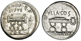 POMPEIA. Denario. Roma (54 a.C.). R/ Silla curul entre lituo y corona; SVLLA.COS/Q. POMPEI RVF. FFC-1025. SB-3. EBC.