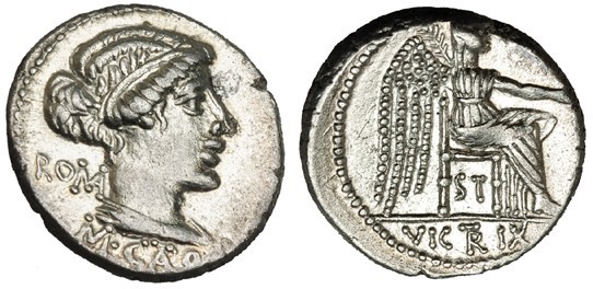 PORCIA. Denario. Roma (80 a.C.). R/ La Victoria sentada a der. con palma y páter...