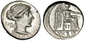 PORCIA. Denario. Roma (80 a.C.). R/ La Victoria sentada a der. con palma y pátera (fuera del cospel), bajo silla: S.T.; VICTRIX (la letras TR unidas)....