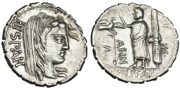 POSTUMIA. Denario. Roma (81 a.C.). R/ Personaje a izq. entre águila legionaria y...