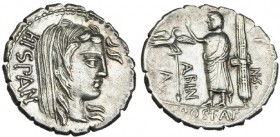 POSTUMIA. Denario. Roma (81 a.C.). R/ Personaje a izq. entre águila legionaria y fasces; A. PORT. A. F. S. N. AL (enlazadas) BIN. FFC-1072. SB-8. EBC-...