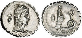 ROSCIA. Denario. Italia Central (64 a.C.). A/ Cabeza de Juno Sospita a der., detrás símbolo ¿esenciero? R/ Sacerdotisa a der., delante serpiente y sím...