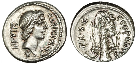 SICINIA. Denario. Roma (49 a.C.). A/ Estrella bajo la cabeza de Apolo. FFC-1125....