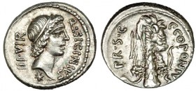 SICINIA. Denario. Roma (49 a.C.). A/ Estrella bajo la cabeza de Apolo. FFC-1125. SB-1. Cabeza pequeña. EBC-/EBC.