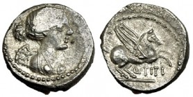 TITIA. Quinario. Roma (90 a.C.). A/ La Victoria drapeada a der. R/ Pegaso a der. CRAW-341/3. SB-3. Vano en el anv. EBC+.