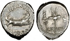 MARCO ANTONIO. Denario. Ceca volante (32-31 a.C.). R/ Águila legionaria entre dos insignias; LEG. VIII. FFC-39. SB-35. MBC+.